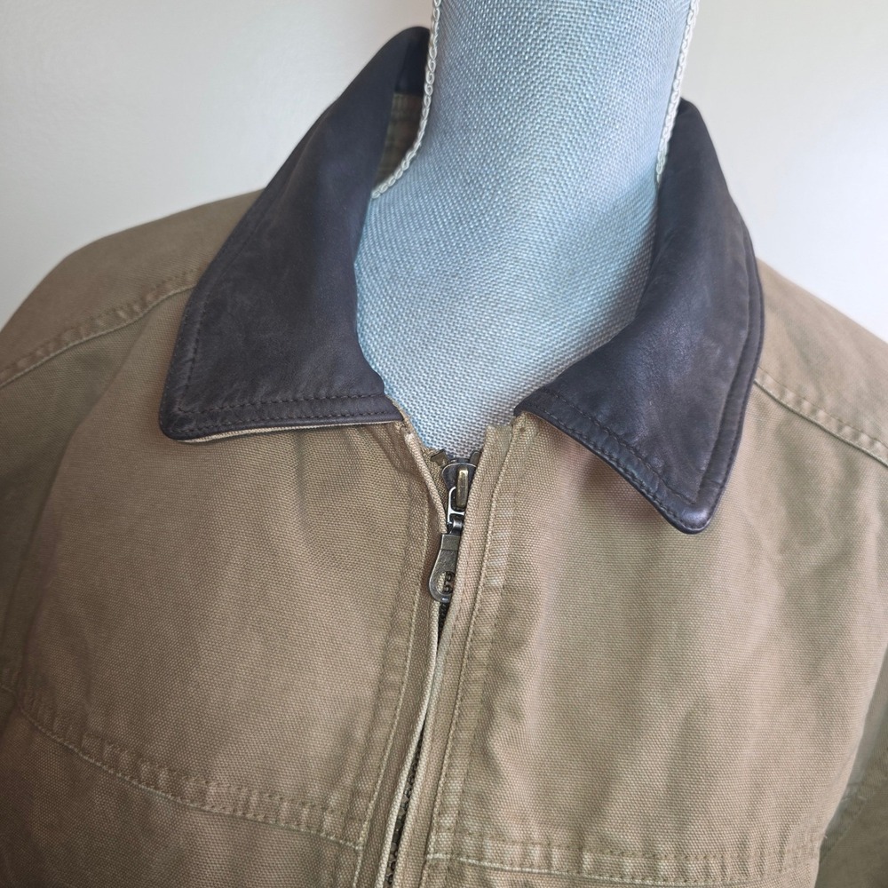 Vtg St Johns Bay Mens XL Canvas Work Jacket Tan Leather Collar Plaid Lined